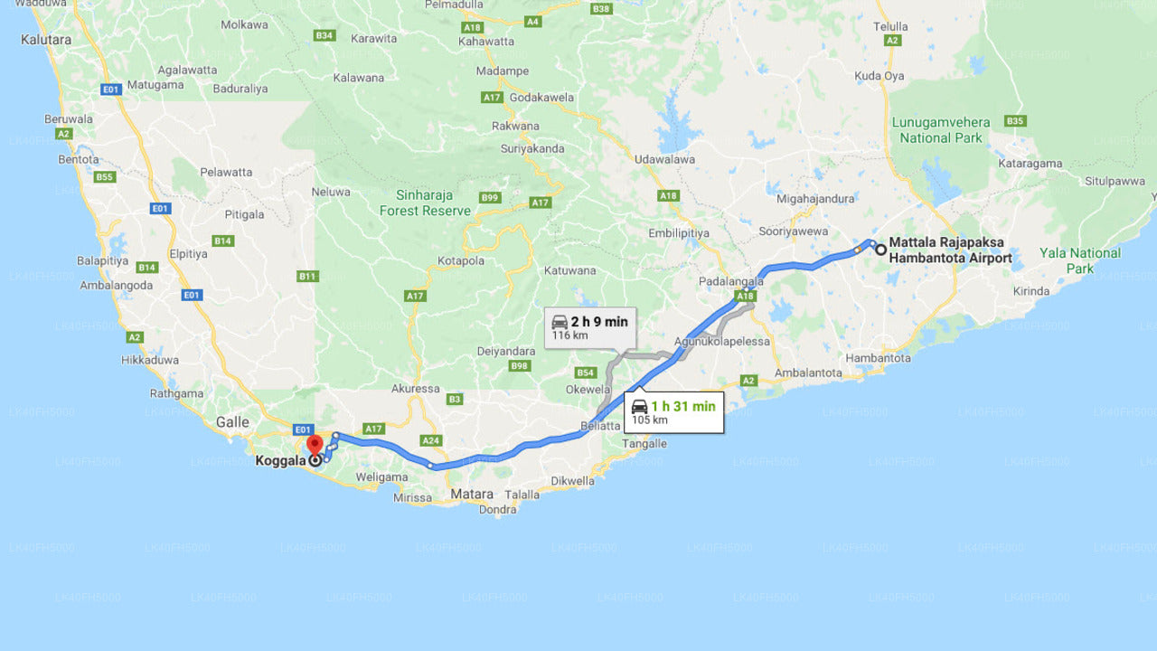 Transfert privé de la ville de Koggala à l'aéroport de Mattala (HRI)