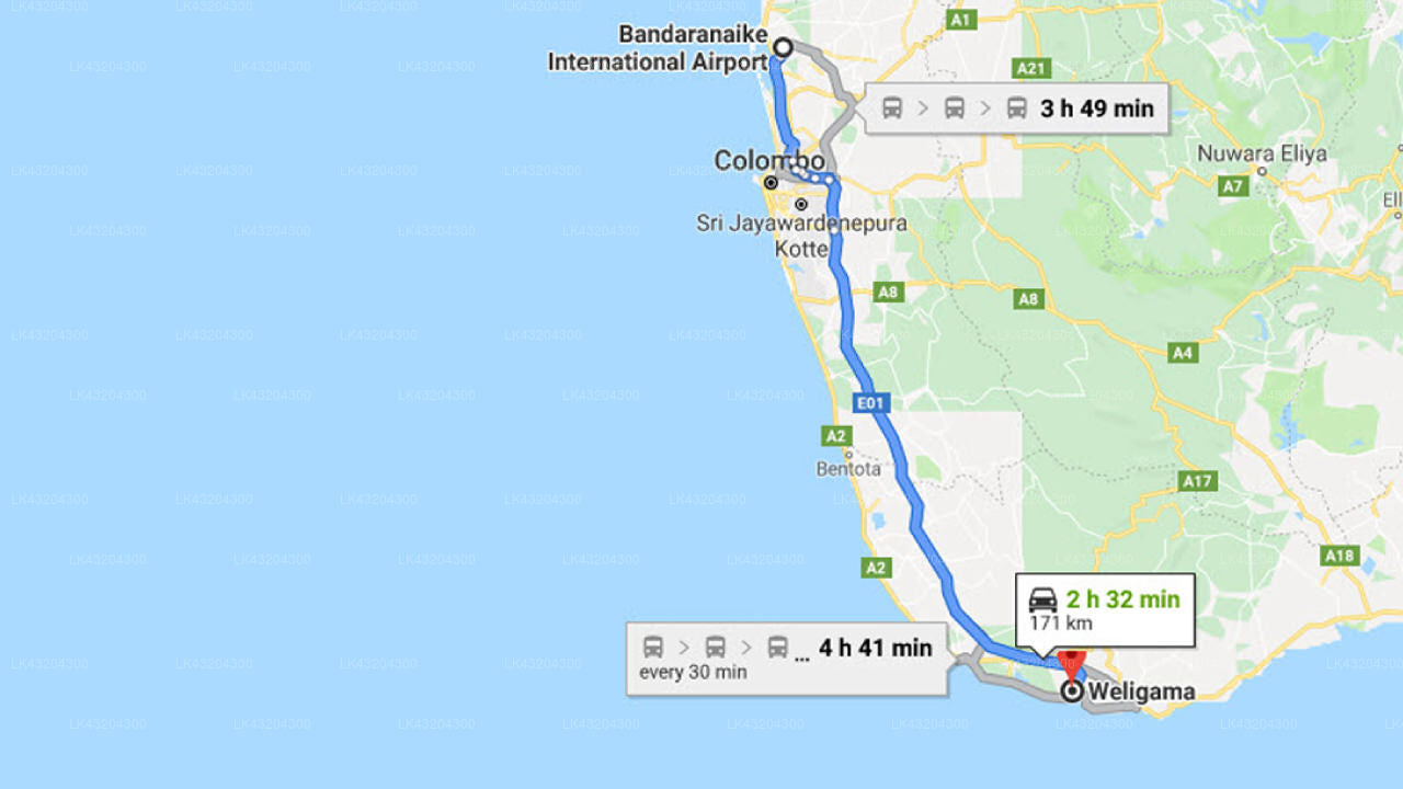 Transfer between Colombo (CMB) Airport and Fishermans Bay, Weligama